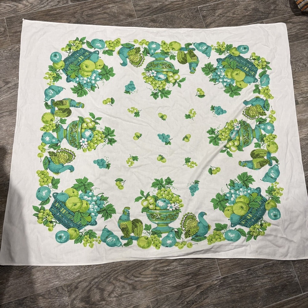Vintage 1960s Tablecloth Turquoise Green Kitchen Farmhouse MCM 43x51" Fruit